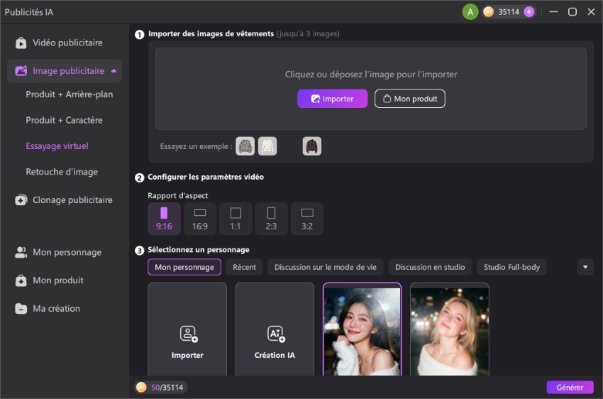 Utilisez la fonctionnalité d’essayage virtuel (« Virtual Try-On ») au sein d’Edimakor AI Ads pour changer de tenue.