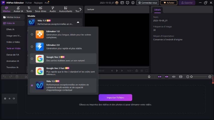 Écran de saisie pour générer des vidéos à partir de texte.