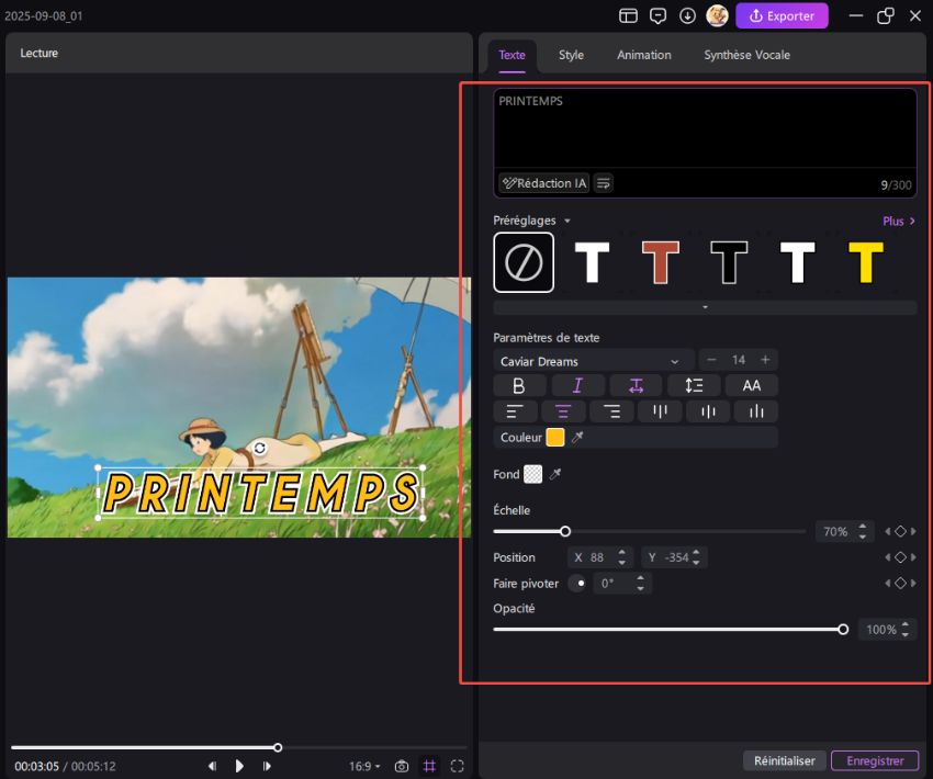modifier l'effet de texte