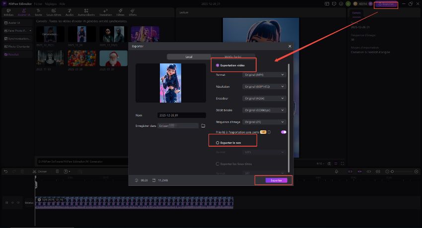 cliquez sur exportation