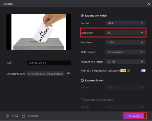 Exporter une vidéo 4k