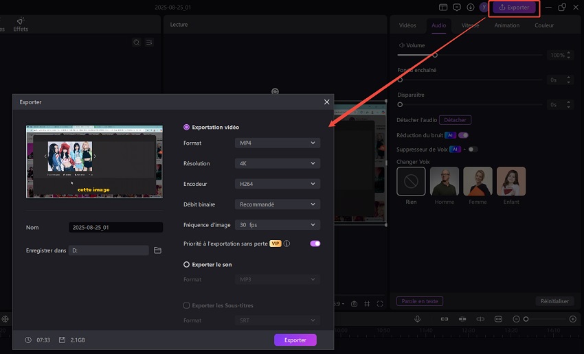 exporter la vidéo avec le bruit réduit