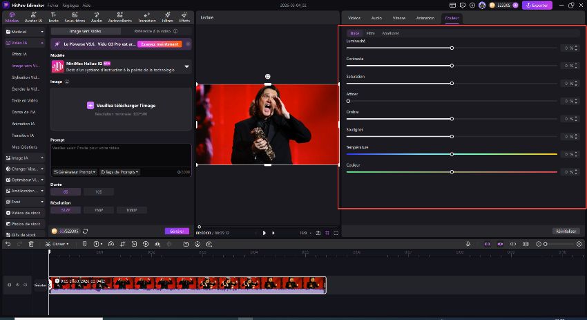 Écran de correction des couleurs HitPaw Edimakor, interface de réglage des paramètres de couleur