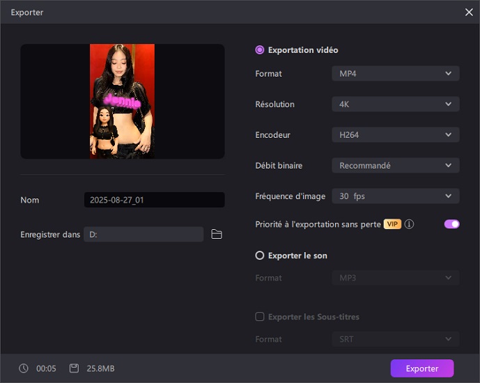 exporter une vidéo avec un effet de fondu texte