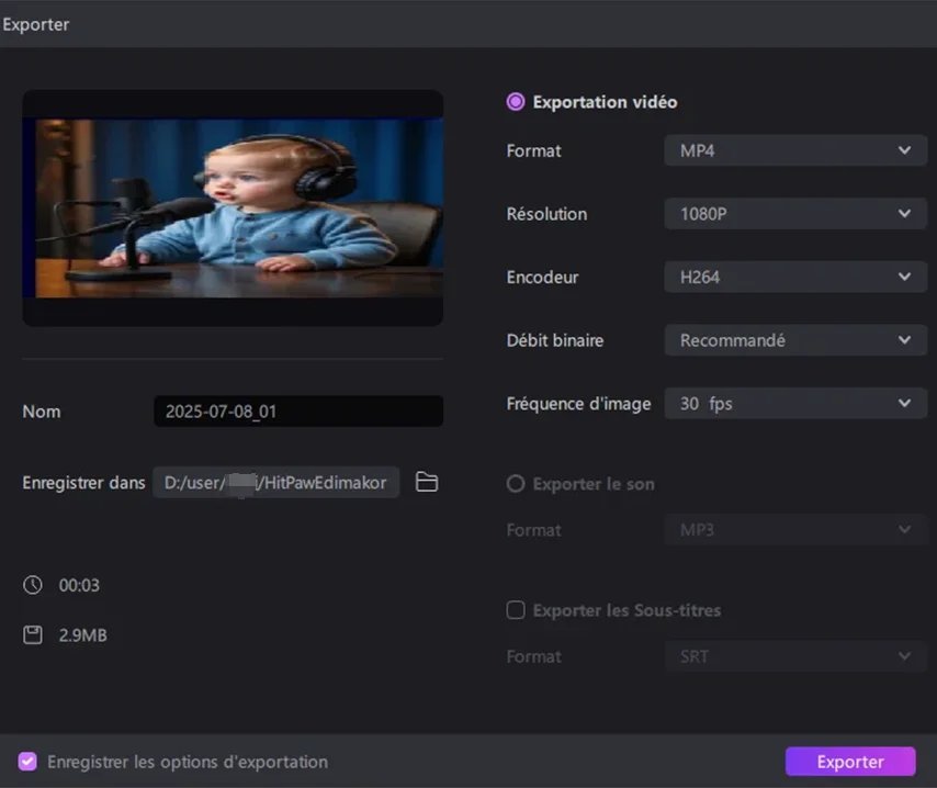 créer un podcast vidéo viral pour bébé - exporter la vidéo