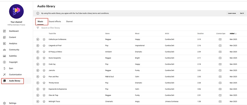 youtube studio bibliothèque audio