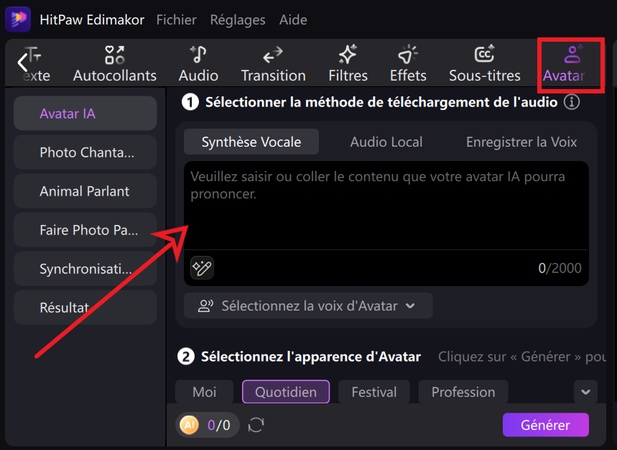 Sélectionnez la fonctionnalité Avatar IA