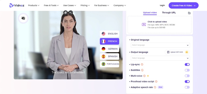 vidnoz traduire une video anglais en francais