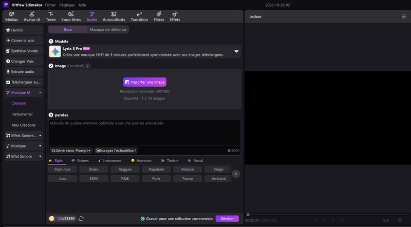 Générateur de rap IA Edimakor avec différentes options de création musicale