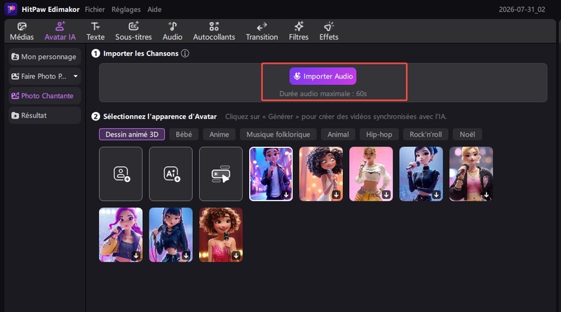 importer audio pour photo chantante