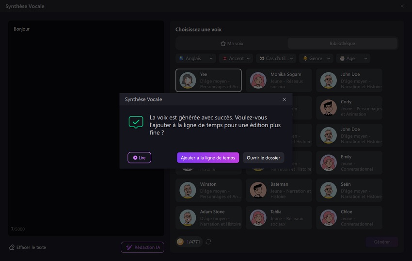 Guide de synthèse vocale Hitpaw Edimakor - Sélection de la voix IA